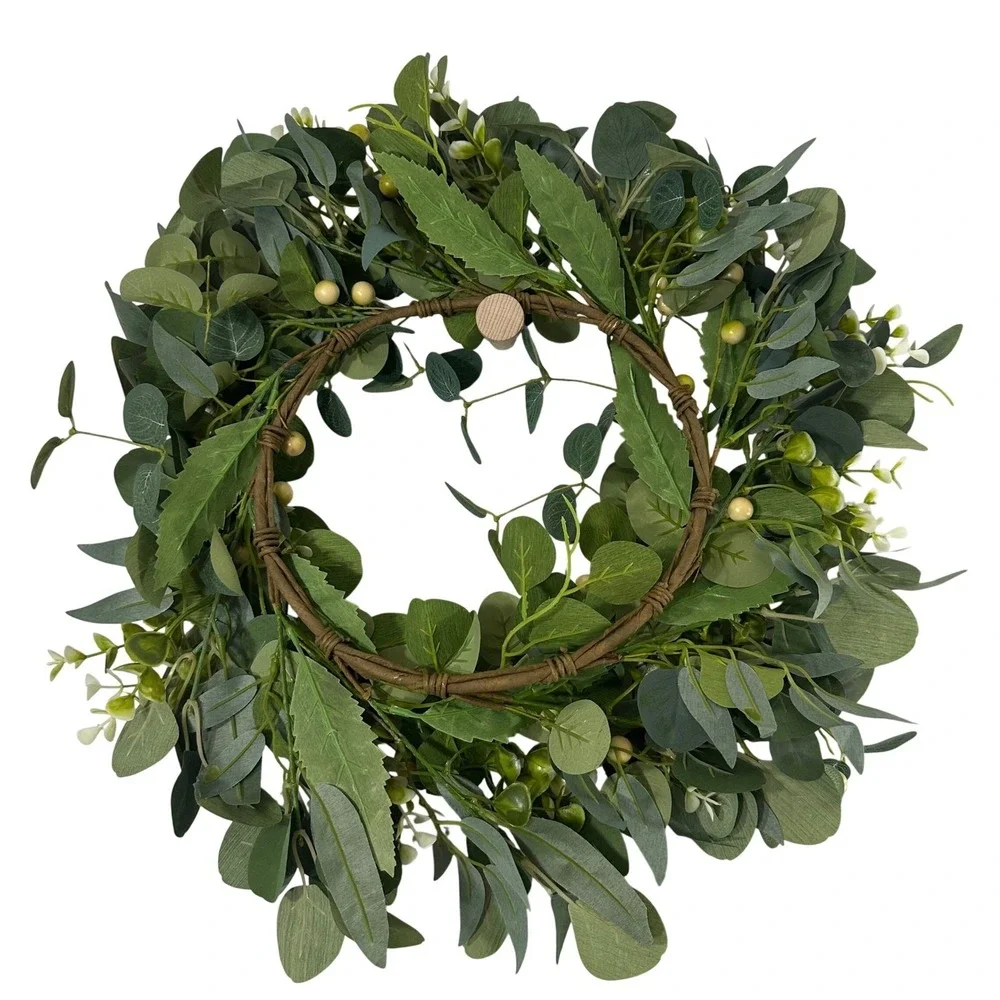 Artificial Eucalyptus Wreath Greenery Green Berries and White Flowers 18 Inch